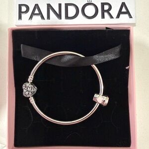 Pandora Silver Bracelet Celestial Heart Clasp Bangle w/ iconic Coffee Cup Charm